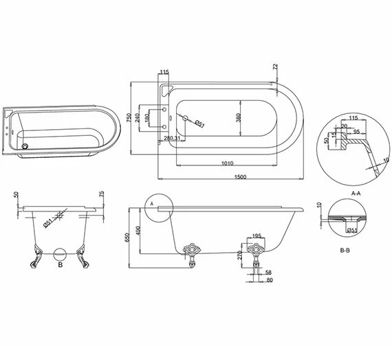 Burlington Hampton Freestanding 750mm Wide White Shower Bath 2 Burlington Hampton Freestanding 750mm Wide White Shower Bath - Image 2