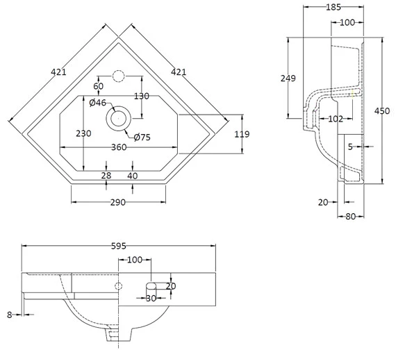 Bayswater Fitzroy 595mm White Corner Basin With 1 Taphole 3 Bayswater Fitzroy 595mm White Corner Basin With 1 Taphole - Image 3