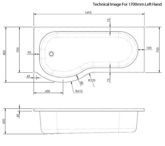 Nuie P-Shaped Shower Bath White 3 Nuie P-Shaped Shower Bath White - Image 3
