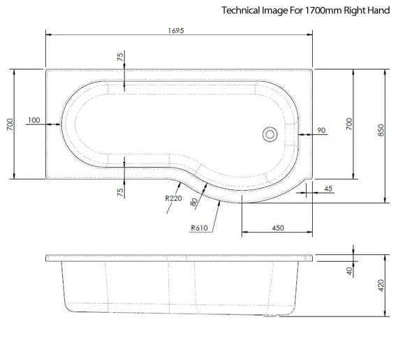 Nuie P-Shaped Shower Bath White 4 Nuie P-Shaped Shower Bath White - Image 4