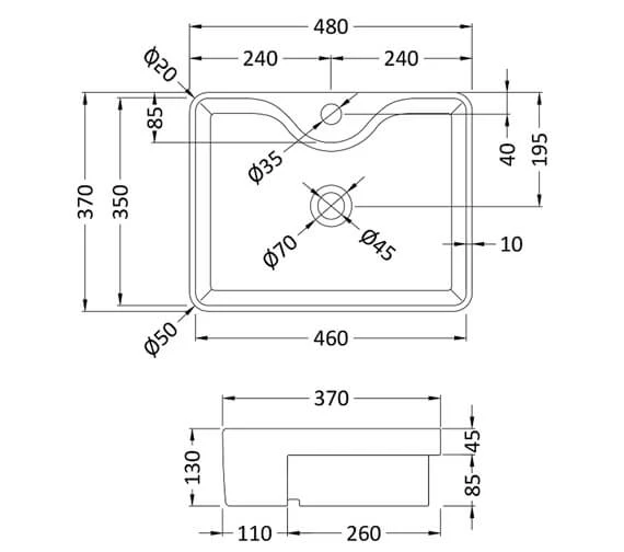 Hudson Reed Vessel 480 X 370mm Rectangular White Semi-Recessed Basin 2 Hudson Reed Vessel 480 X 370mm Rectangular White Semi-Recessed Basin - Image 2