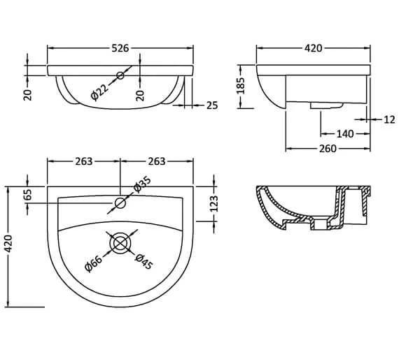 Hudson Reed Harmony 526 X 420mm Semi Recessed Basin White 2 Hudson Reed Harmony 526 X 420mm Semi Recessed Basin White - Image 2