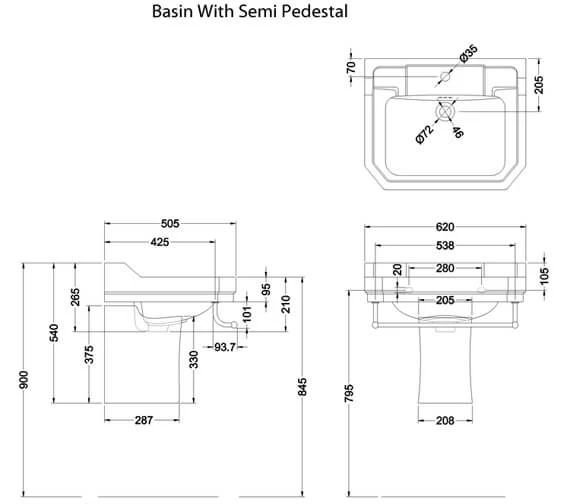 Burlington Edwardian 620mm White Rectangular Basin 2 Burlington Edwardian 620mm White Rectangular Basin - Image 2