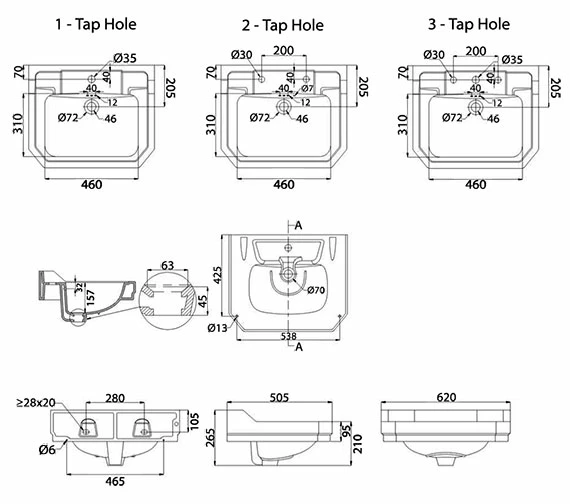 Burlington Edwardian 620mm White Rectangular Basin 5 Burlington Edwardian 620mm White Rectangular Basin - Image 5