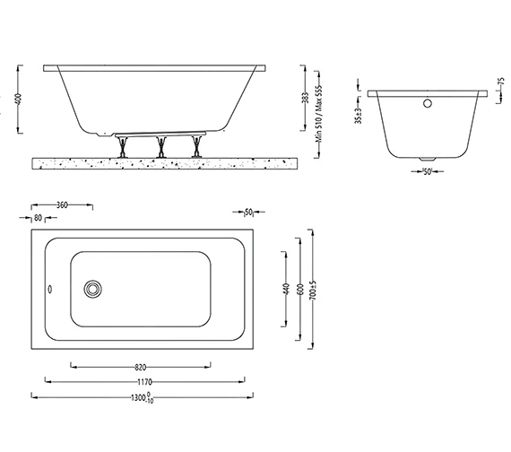 IMEX Quadro 1300 X 700mm White Single Ended Bath 2 IMEX Quadro 1300 X 700mm White Single Ended Bath - Image 2