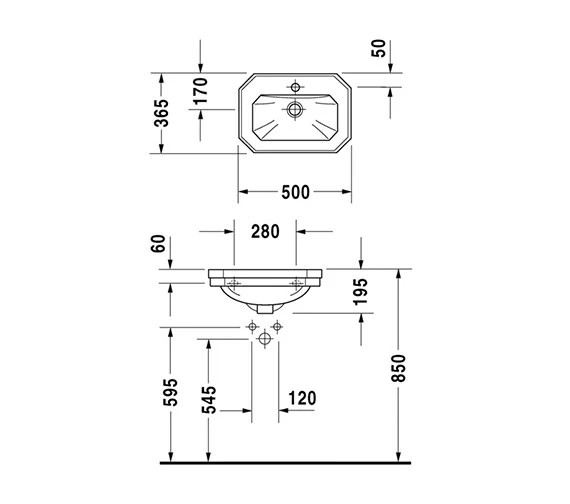 Duravit 1930 Series 500mm 1 Tap Hole Handrinse Basin - 0785500000 3 Duravit 1930 Series 500mm 1 Tap Hole Handrinse Basin - 0785500000 - Image 3
