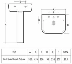 RAK Metropolitan White Basin 525mm With Full Pedestal -Duravit Sales Shop QS V36240 2 mn
