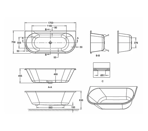 Burlington Avantgarde 1700 X 750mm White Back-To-Wall Bath 3 Burlington Avantgarde 1700 X 750mm White Back-To-Wall Bath - Image 3